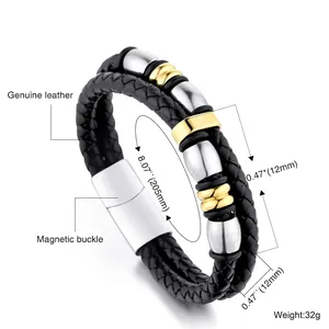 Men's woven black leather bracelet with silver and gold metal beads and magnetic clasp