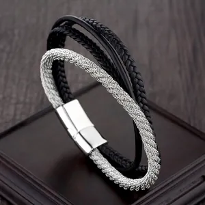Bracelet Homme Multicouche en Cuir Véritable Tressé Avec Fermoir Magnétique en Acier Inoxydable Bijoux Style Punk