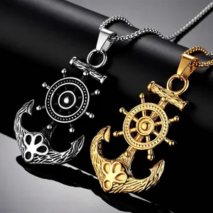 Stainless Steel Nautical Anchor Ship Rudder Pendant Necklace Vintage Hip Hop Punk Jewelry For Men Daily Party Jewelry