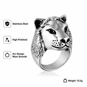 Men's silver tiger head ring in polished stainless steel, 20mm height and 15.3g weight