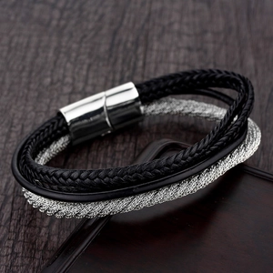 Bracelet multicouche pour hommes en cuir tressé et acier inoxydable avec fermoir aimanté