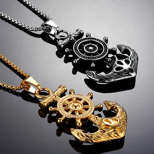 Vintage stainless steel pirate ship wheel and anchor pendant necklace in gold and silver
