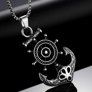 Vintage pirate ship rudder and anchor pendant necklace for men in polished stainless steel