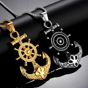 Nautical pirate ship wheel and anchor pendant necklace for men in gold and silver finish