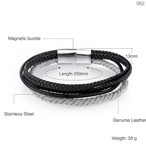 Bracelet multicouche en cuir tressé et acier inoxydable pour homme avec fermoir magnétique