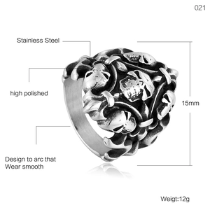Detail showing 15mm high polished stainless steel skull ring with ergonomic inner band
