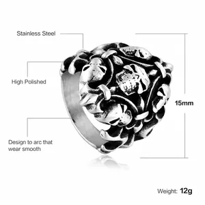 Men's retro skull stainless steel ring with high polished finish and 15mm width band