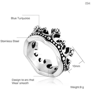 Retro Punk Kronenring aus Edelstahl mit blauem Türkis und Antik-Finish-Optik