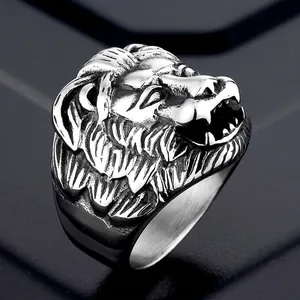 Men's Punk Lion Head Ring Vintage Stainless Steel Titanium Steel Gothic Biker Signet Ring Retro Animal Finger Jewelry