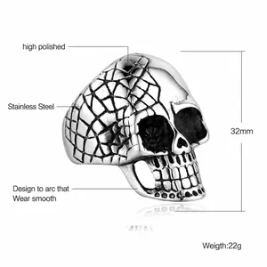 Gothic zilveren roestvrijstalen schedelring met hoogglans afwerking en 32mm hoogte