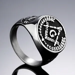 Vintage Men Titanium Steel Masonic Ring Retro Punk Freemasonry G Symbol Square Compasses Signet Ring Polished Jewelry Gift