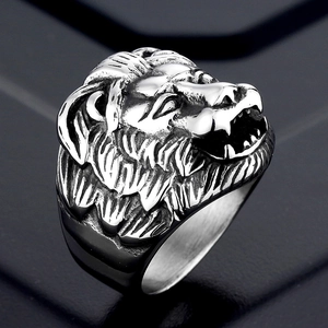 Punk vintage stainless steel lion head ring for men with detailed silver-black relief