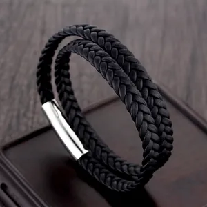 Men Braided Genuine Leather Bracelet With Stainless Steel Magnetic Buckle Double Wrap Fashion Jewelry Bangle Birthday Gift