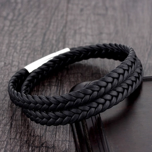 Men's double-layered black braided leather bracelet with a silver magnetic metal clasp