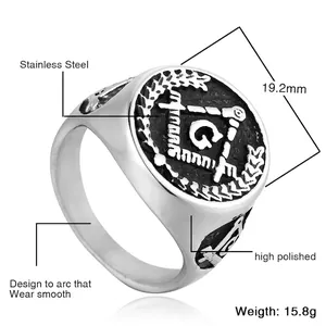 Polished stainless steel men's ring featuring classic Freemasonry symbol and G engraving