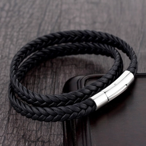 Men's double-layer black braided leather bracelet with silver magnetic buckle closure