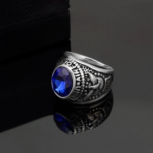 Stainless steel US Air Force military signet ring with blue oval faceted gemstone