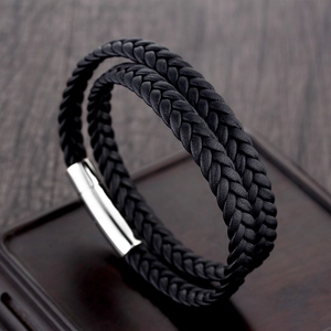Men's double-layered black woven leather bracelet with silver magnetic metal clasp