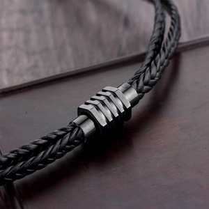 Punk style double-layer black braided leather bracelet with industrial metal hex beads