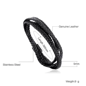 Men's double-layered braided leather bracelet with high-quality stainless steel clasp