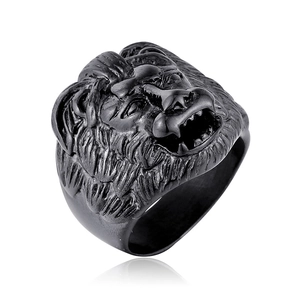Close-up detail of a men's punk lion head ring in matte black stainless steel finish