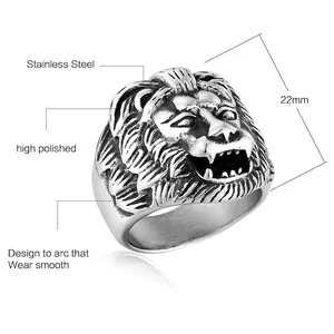 Men's punk vintage stainless steel lion head ring with 22mm width and 14.7g weight