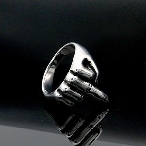 Edgy polished silver stainless steel middle finger ring for men in punk hip hop style