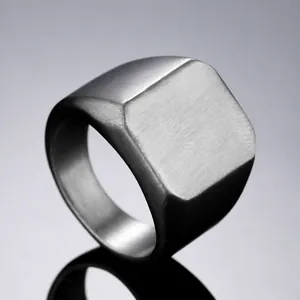 Brushed stainless steel square signet ring for men featuring a vintage minimalist design