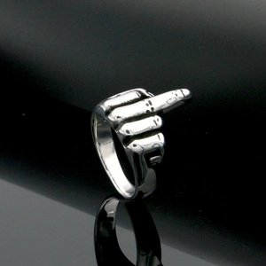 Polished silver titanium steel ring with unique middle finger gesture design detail