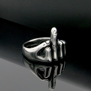 Polished silver stainless steel ring with middle finger gesture design on black background