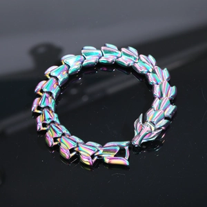 Detailed macro shot of iridescent dragon scale steel bracelet with ornate beast head clasp