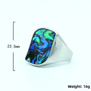 Titanium steel ring for men and women with iridescent colorful shell inlay on silver band