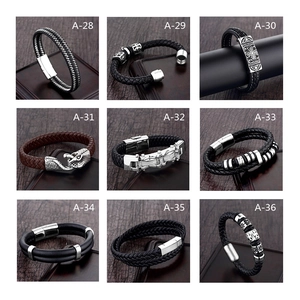 Collection of nine men's woven leather bracelets with stylish stainless steel metal clasps