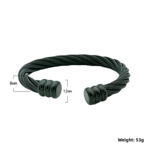 Vista detallada de la pulsera de cable de acero inoxidable negro de 8mm con tapas finales