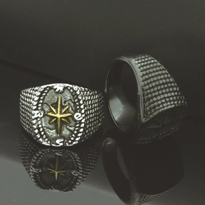 Detailed macro view of vintage compass titanium steel rings in silver and gun black finishes