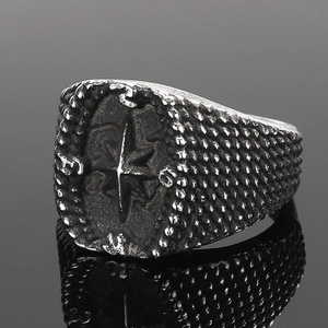 Vintage oxidized stainless steel compass signet ring for men with North South East West engraving