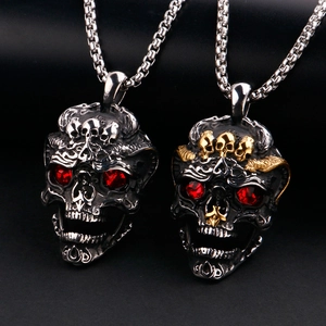 Collier Pendentif Crâne Gothique Acier Inoxydable Yeux Rouges Strass Punk Hip Hop Hommes Femmes Bijoux Accessoires