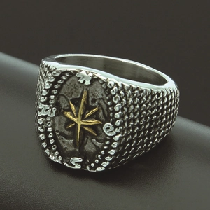 Vintage stainless steel compass ring for men featuring golden star and NESW directions