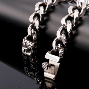 Gothic punk skull stainless steel chain bracelet for men with heavy metal links