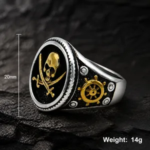 Vintage pirate skull ring in silver and gold steel finish for men, 20mm height