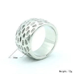 Men's wide stainless steel ring with oval textured pattern and polished finish, 14mm band