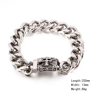 Men's hip hop skull and crossbones stainless steel curb chain bracelet, 220mm length