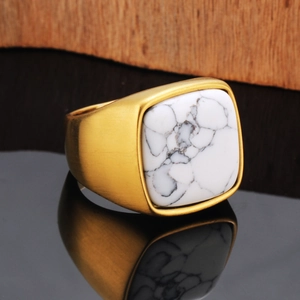 Vintage gold brushed stainless steel signet ring for men with white marble stone inlay