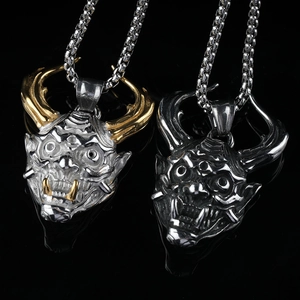 Vintage Stainless Steel Hannya Mask Pendant Necklace For Men Punk Gothic Demon Skull Horn Retro Jewelry Accessory Gift