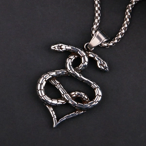 Gothic punk style double snake heart pendant necklace in polished stainless steel