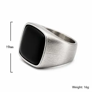 Vintage industrial style stainless steel ring with square black stone inlay for men