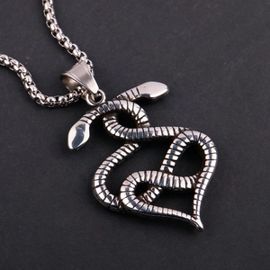 Double snake heart pendant in stainless steel with silver finish on a box chain necklace