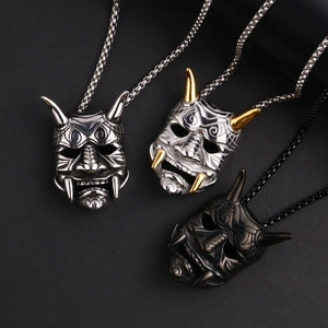 Titanium Steel Hannya Mask Pendant Necklace For Men Punk Gothic Japanese Ghost Skull Polished Stainless Steel Box Chain Jewelry