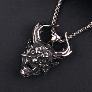 Gothic demon mask pendant in vintage stainless steel with square pearl chain for men