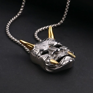 Japanese Hannya Mask punk style skull pendant necklace in silver and gold steel